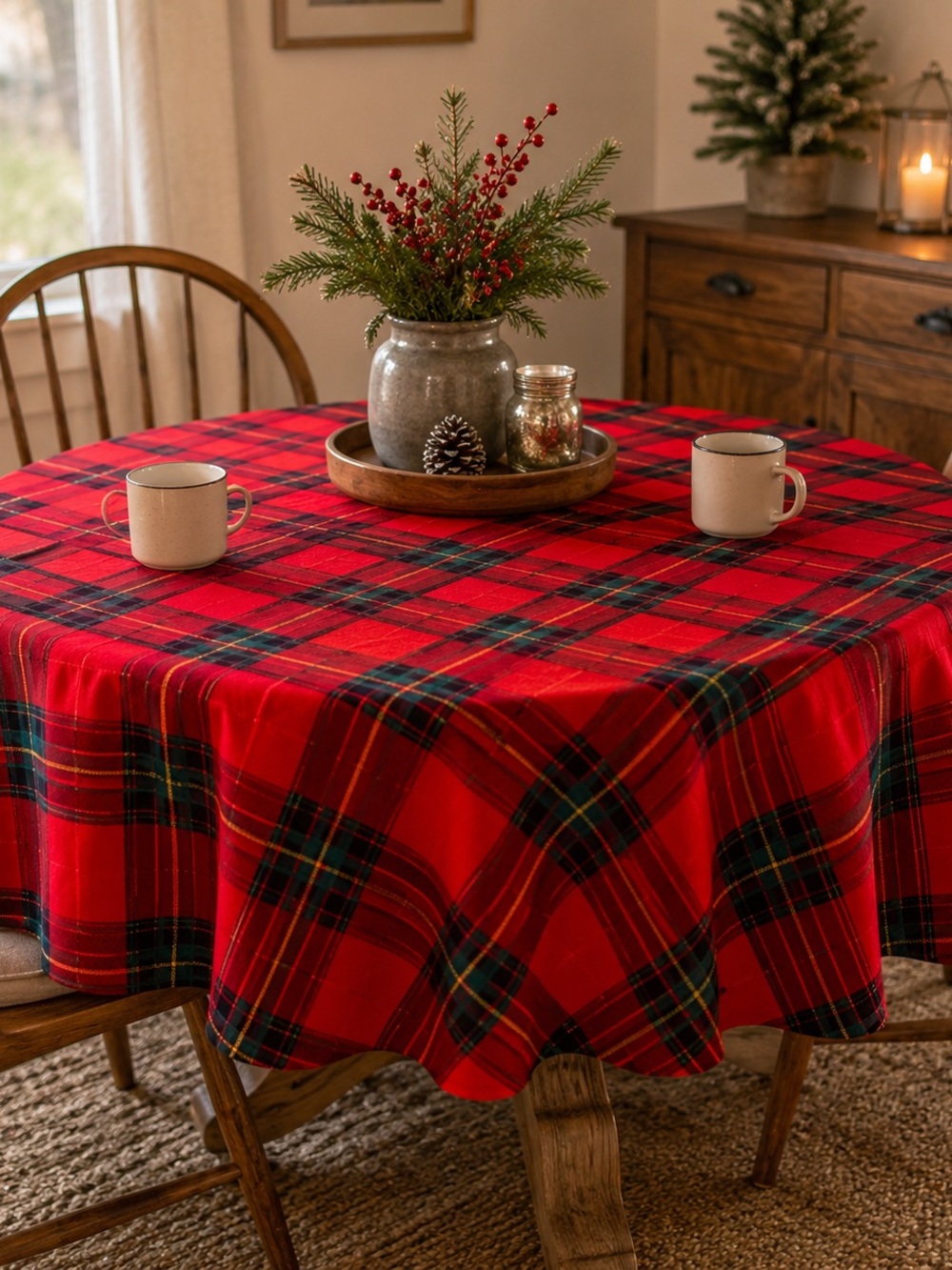 Vintage Red Tartan Plaid Round Tablecloth 68” w/ Matching Placemats Set